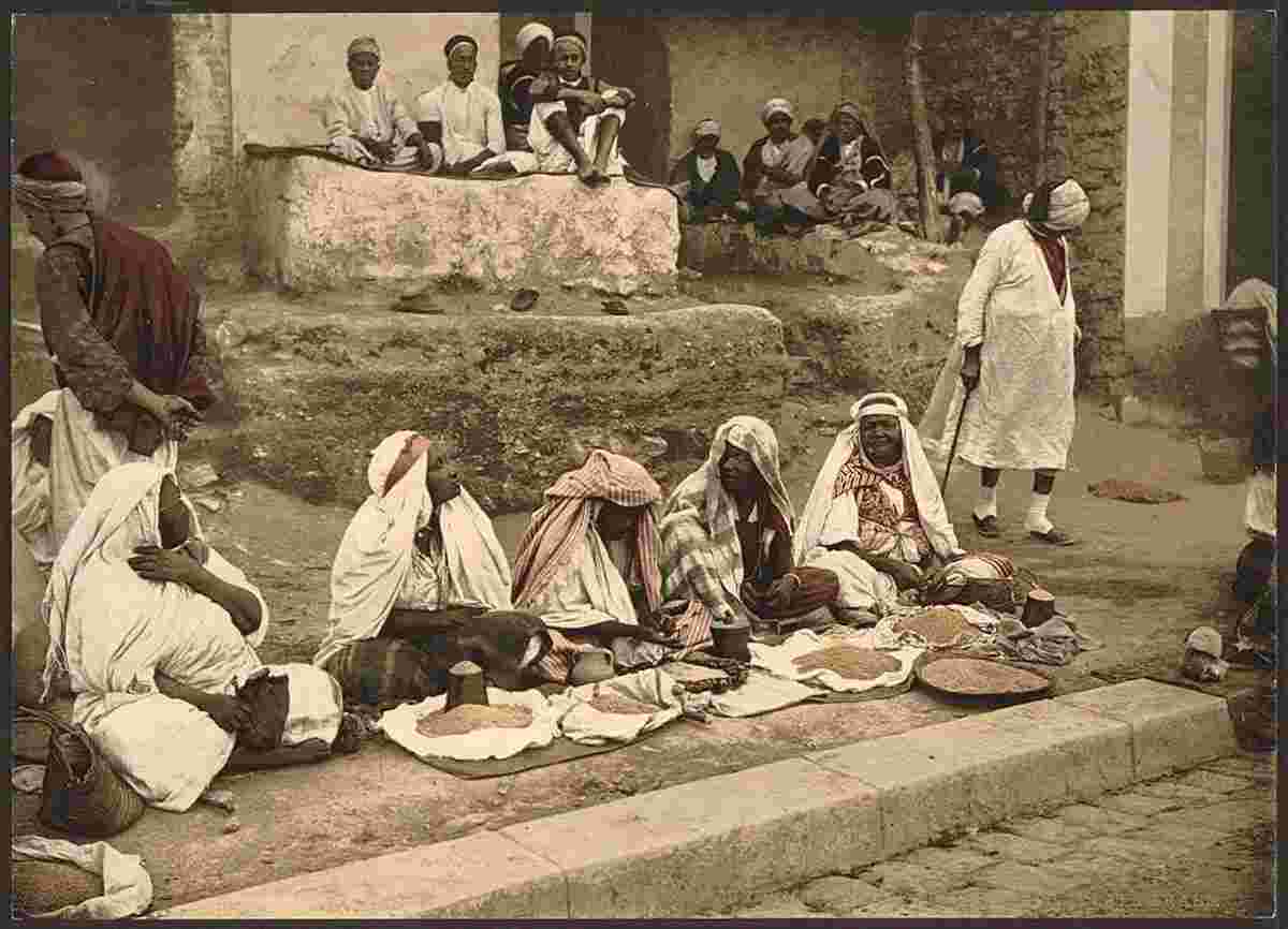 Tunis. Couscous sellers and an Arab cafe