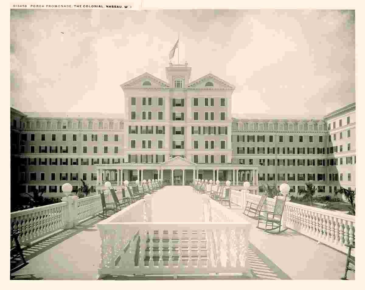 Nassau. Porch promenade near British Colonial Hotel, circa 1900