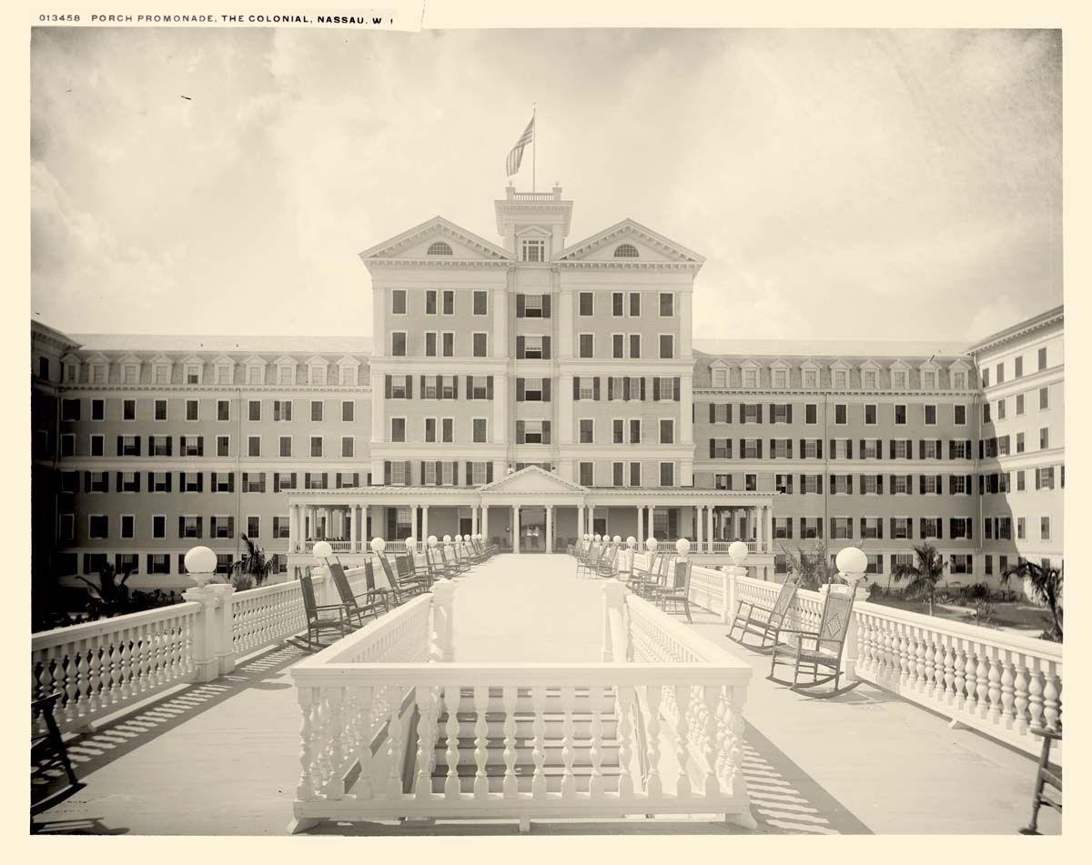 Nassau. Porch promenade near British Colonial Hotel, circa 1900