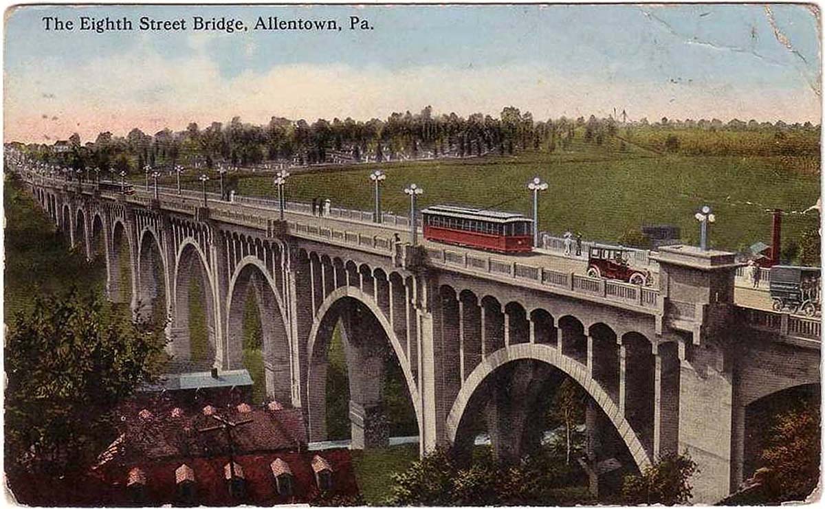 Allentown. Eighth Street Bridge with car and tram, 1919