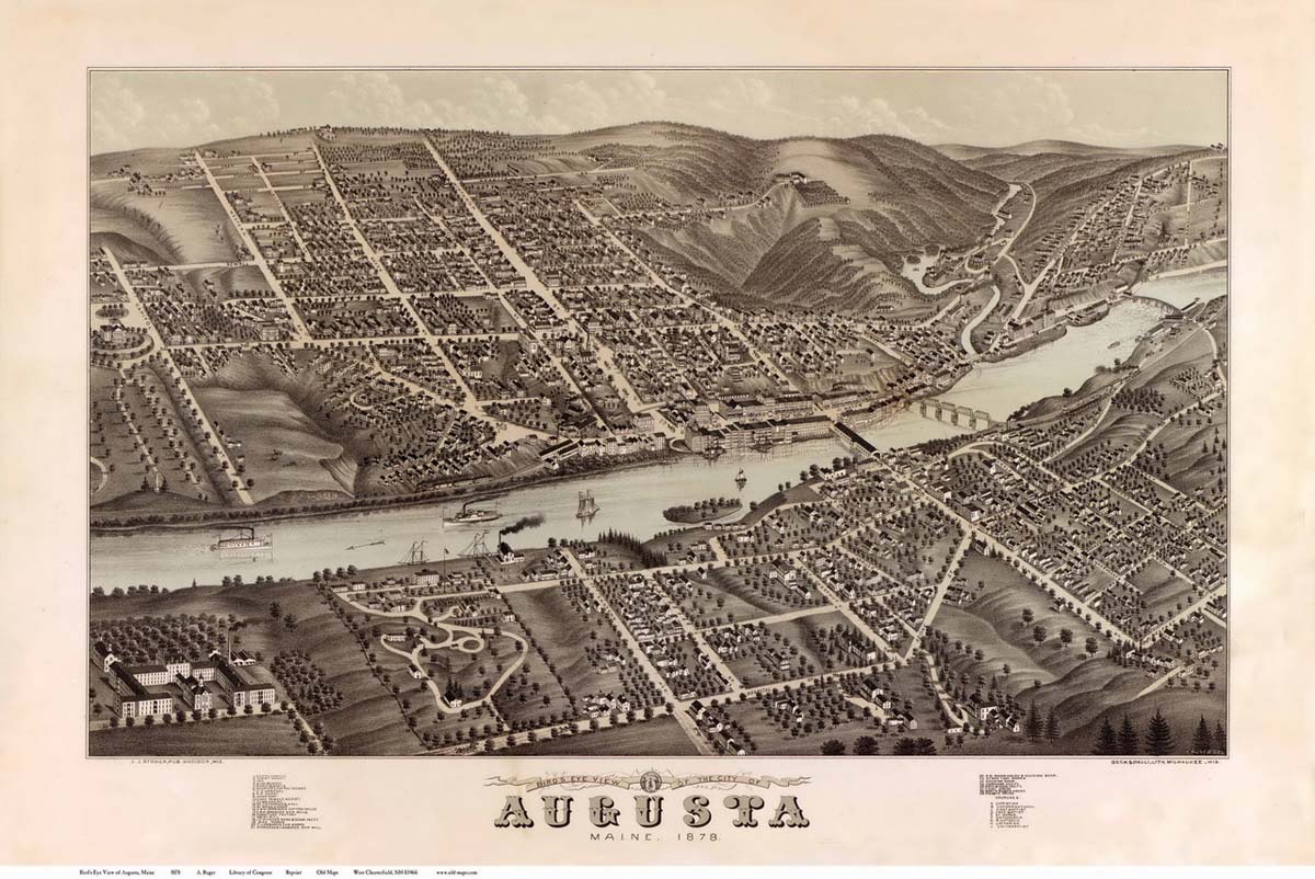 Map of Augusta, Maine, Bird's Eye View, 1878