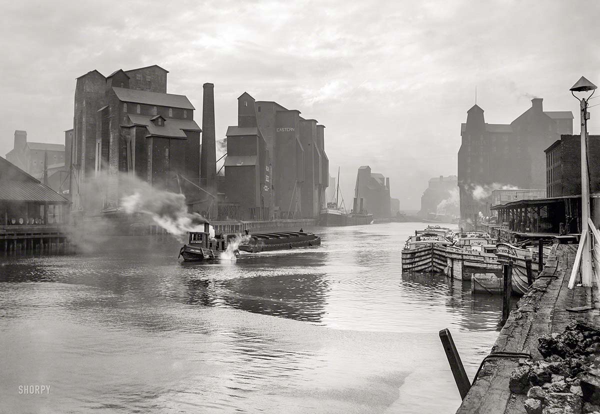 Buffalo. Buffalo River and elevators, foot of Main Street, circa 1900