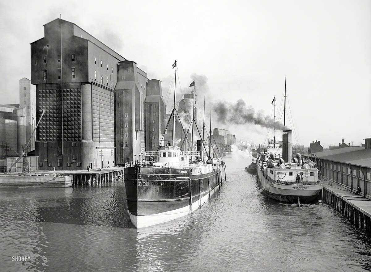 Buffalo. Buffalo River, city ship canal and flour mill elevators, circa 1911
