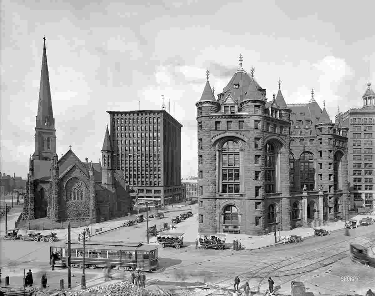 Buffalo. Shelton Square - St Paul's Episcopal Cathedral, Prudential Building, Erie County Savings Bank, circa 1908