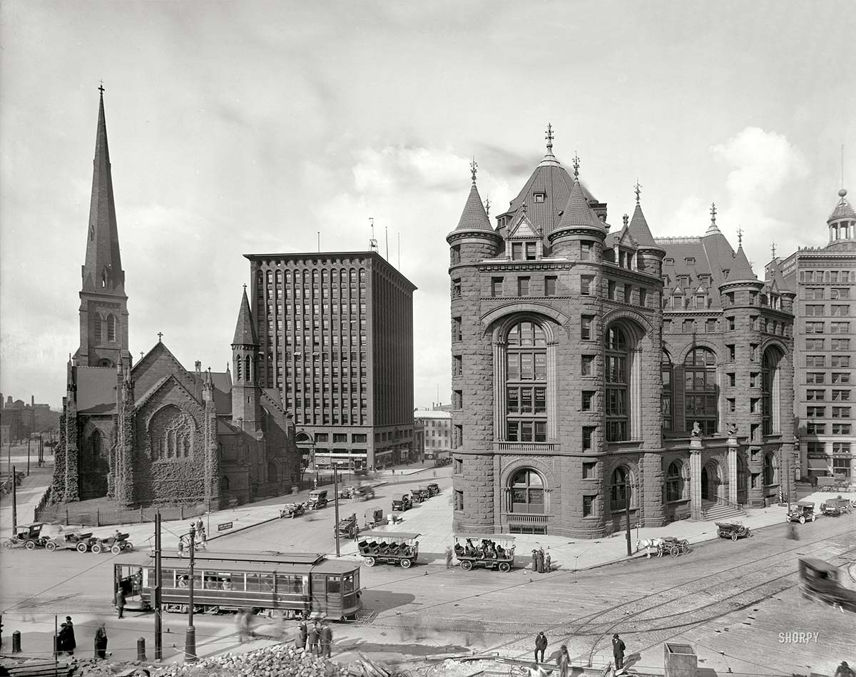 Buffalo. Shelton Square - St Paul's Episcopal Cathedral, Prudential Building, Erie County Savings Bank, circa 1908