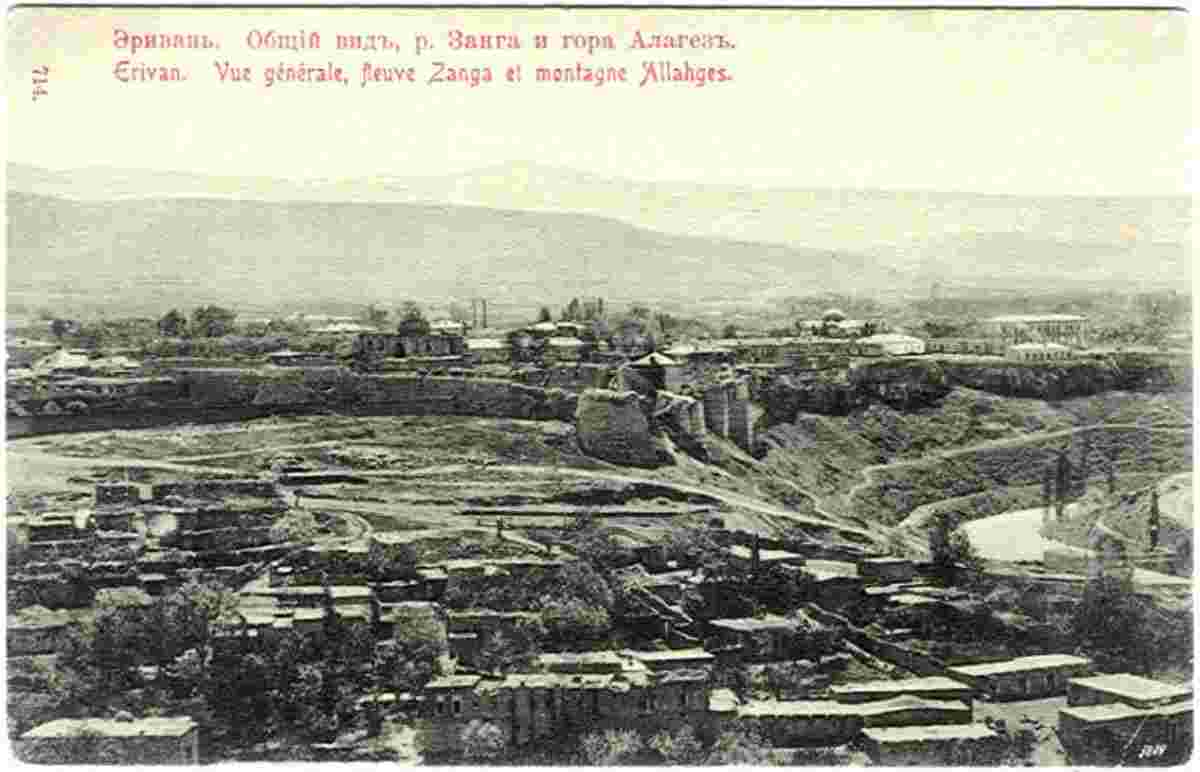 Yerevan. General view of the city, river Zanga and mountain Alagez