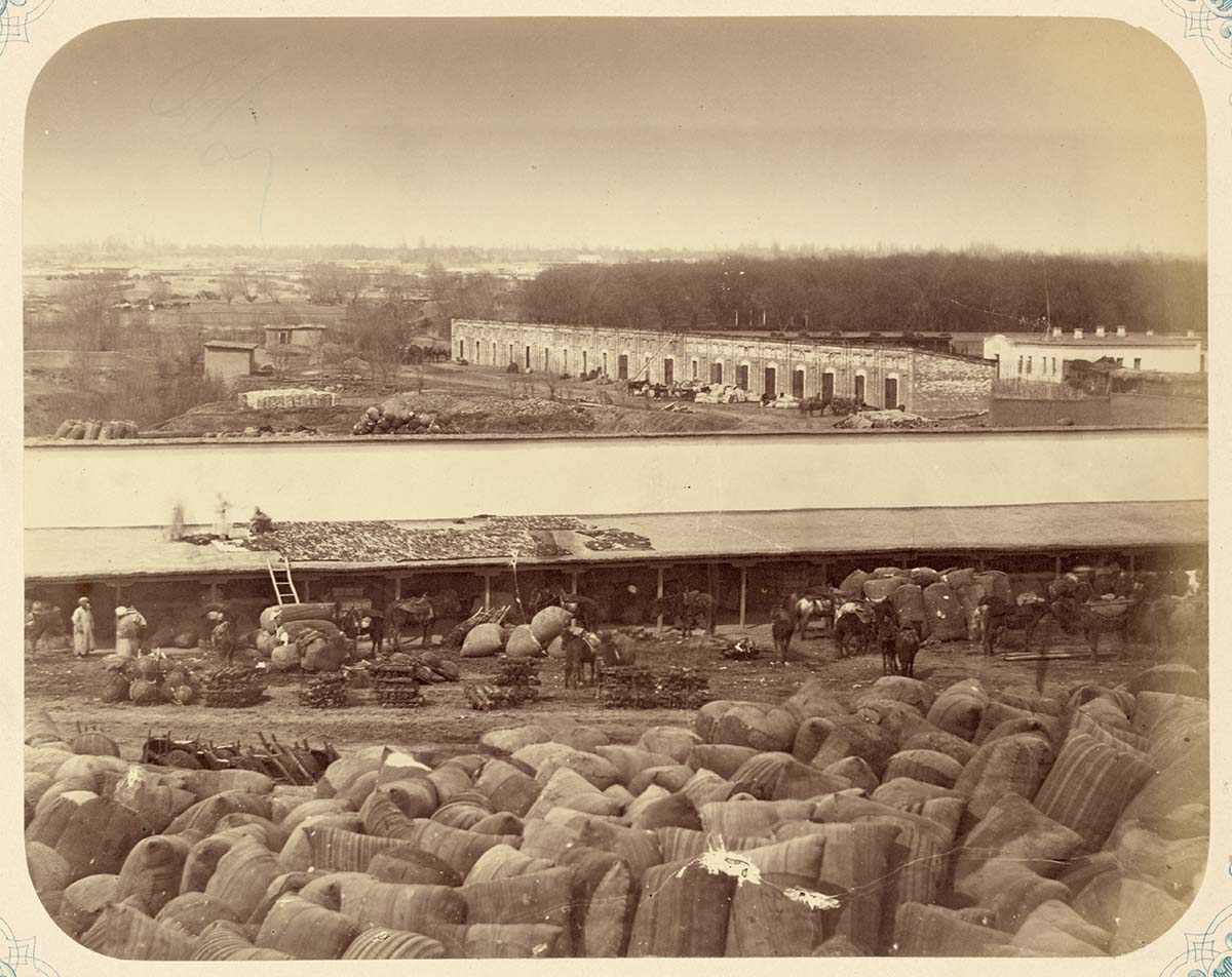 Tashkent. Buildings for a trade fair, bales of cotton, 1865-1872