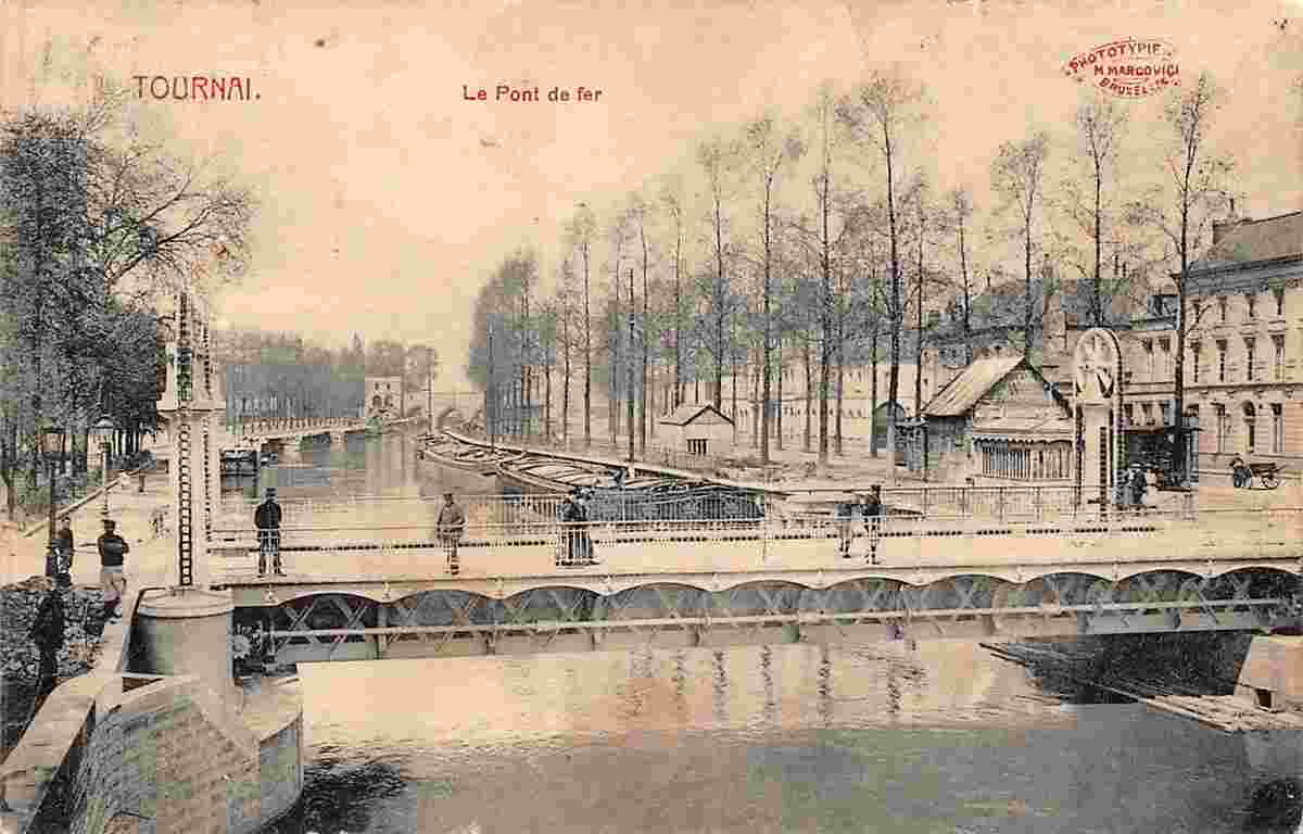 Tournai. Iron Bridge with customs officer and steam tram for Toufflers