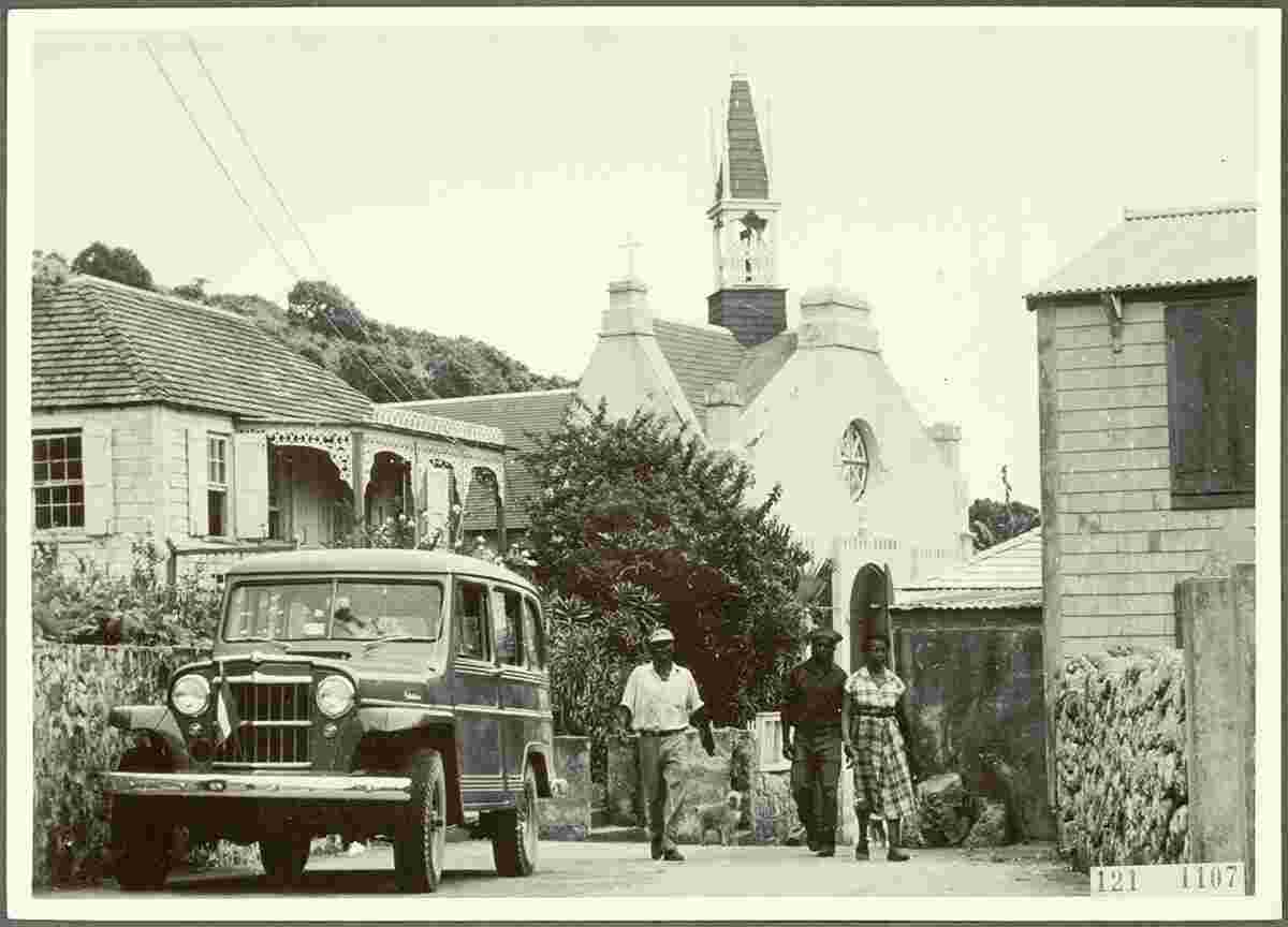 Windwardside. Main Street and Roman Catholic St. Paul's Conversion Church
