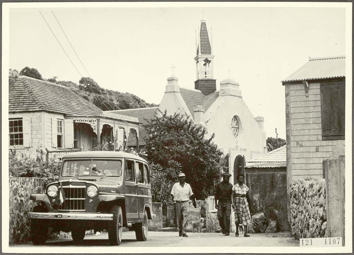 Windwardside. Main Street and Roman Catholic St. Paul's Conversion Church