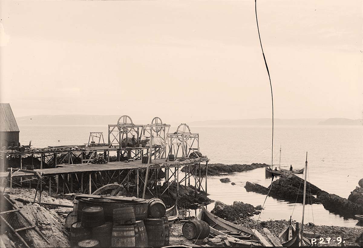 Alta. Trekai and pier for fish unloading, between 1900 and 1910