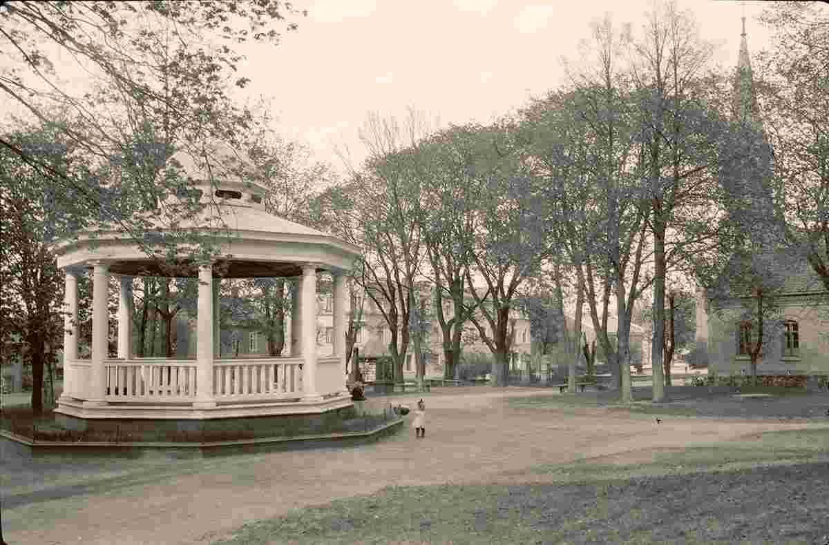 Moss. Music pavilion in park, little child, church, between 1900 and 1950