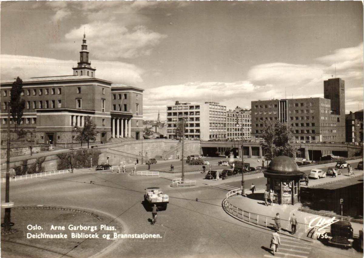 Oslo (Kristiania, Christiania). Arne Garborg Square - Public Library and Fire Station, 1957