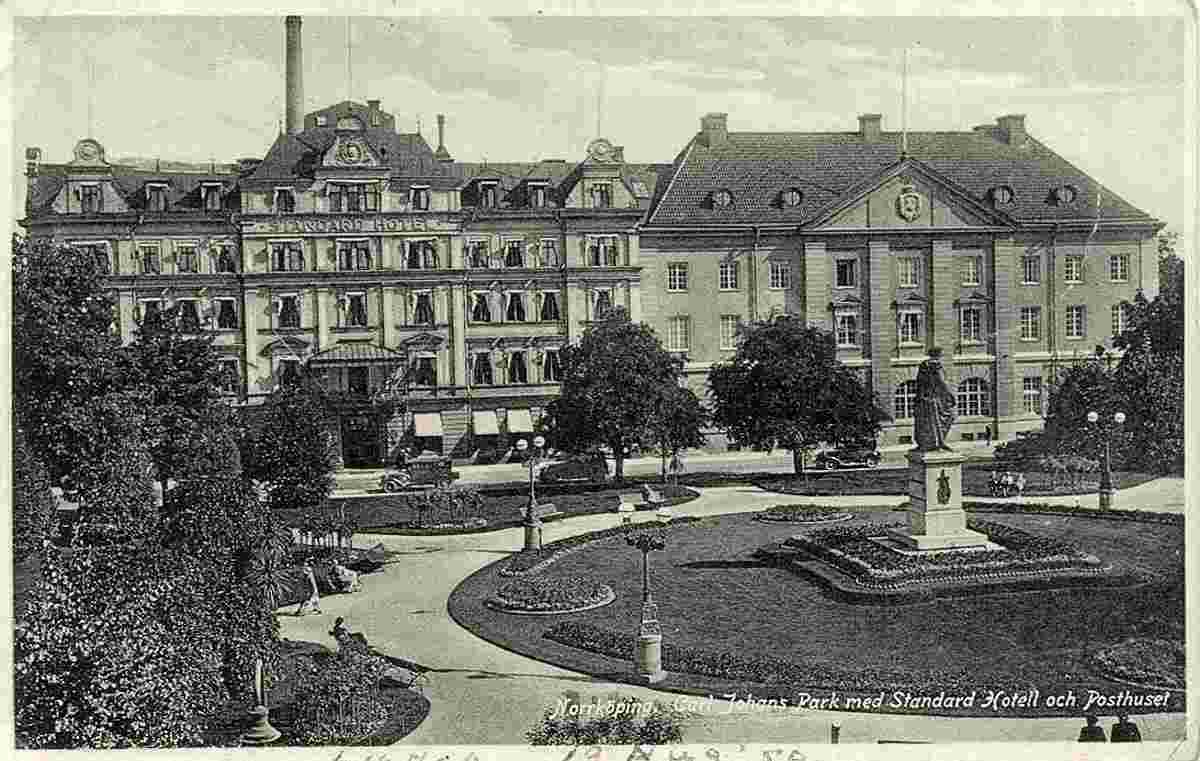 Norrköping. Carl Johans Park med Standard Hotell och Posthuset