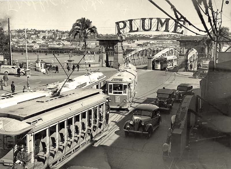 Brisbane. Electric trams travelling along Queen Street