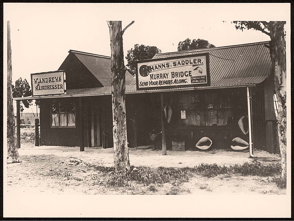Murray Bridge. Hairdresser, saddler's premises at Murray Bridge, 1870