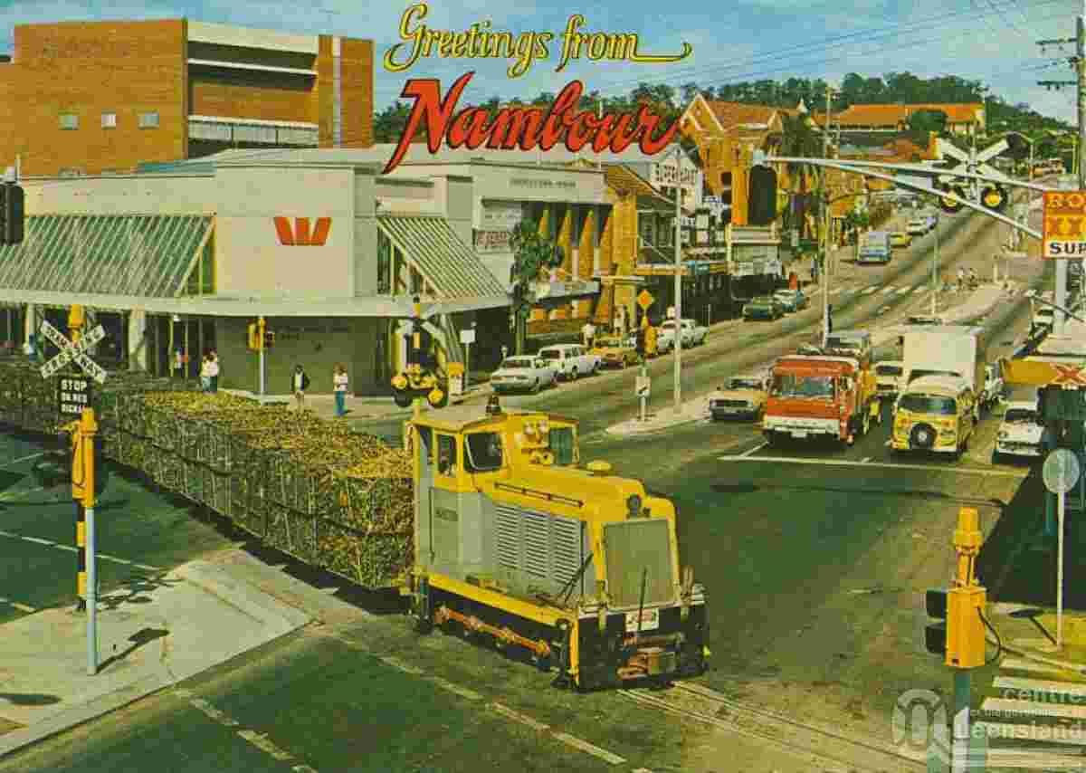 Nambour. Panorama of crossroad street and railway