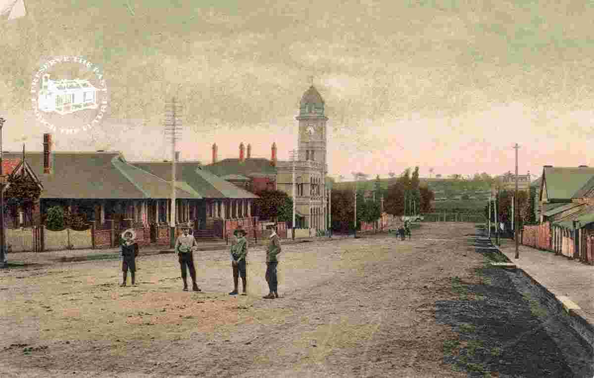 Tamworth. View of city street and church