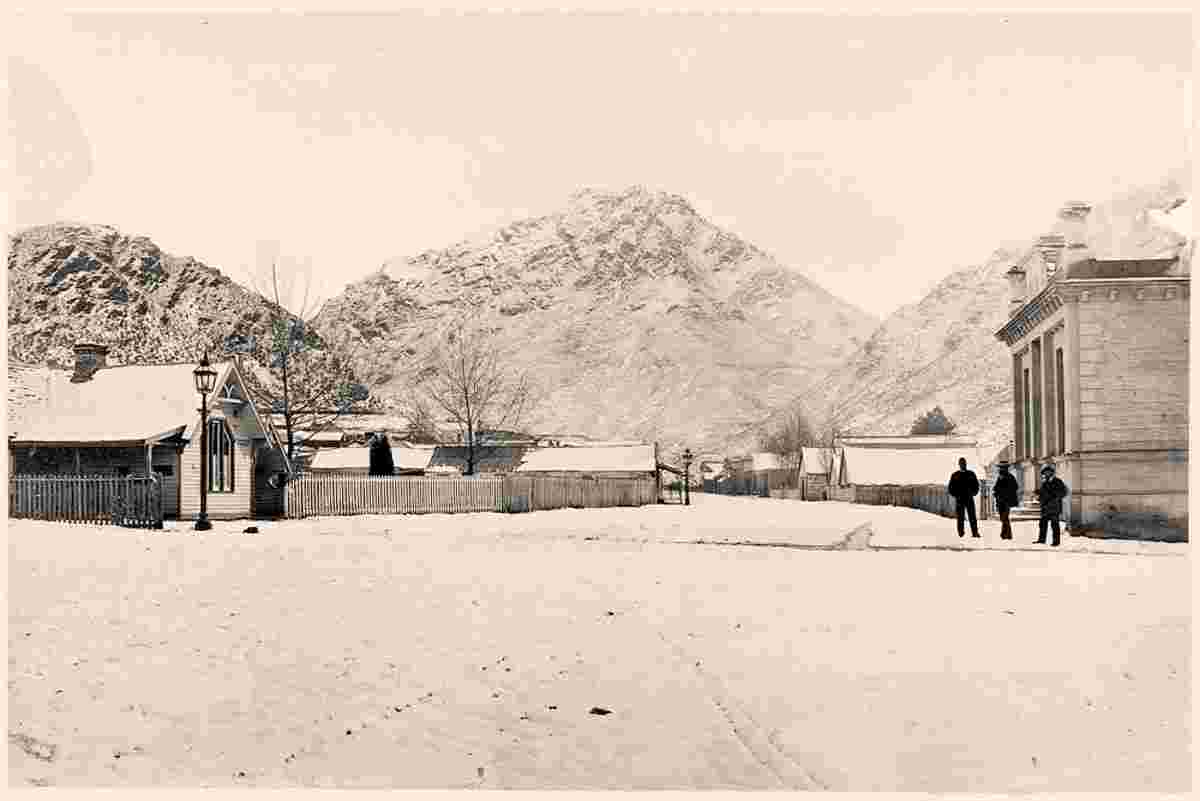 Arrowtown. Panorama of street, winter, 1880s