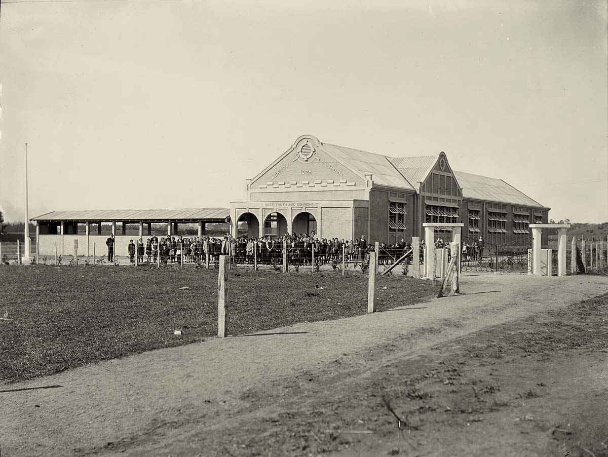 New Plymouth. Staff and pupils outside Westown School, circa 1930