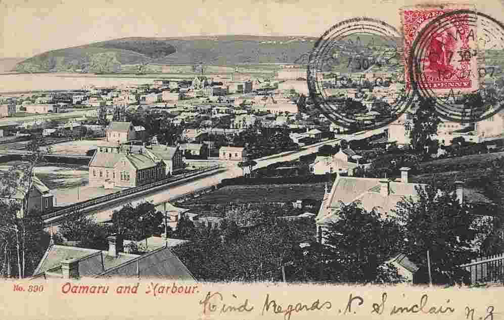 Oamaru. Panorama of the city and harbour
