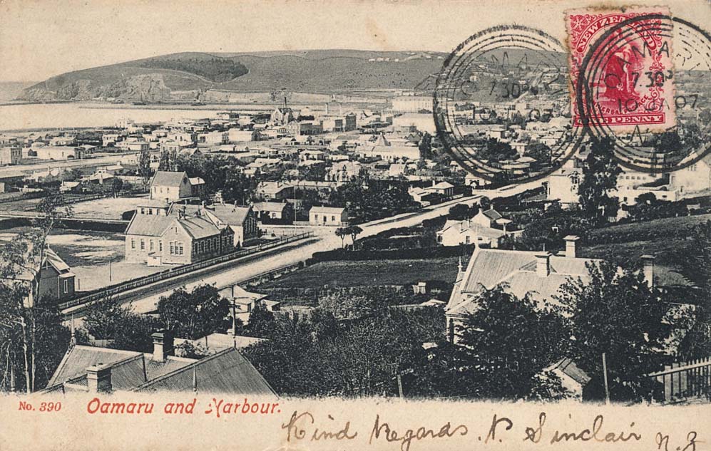 Oamaru. Panorama of the city and harbour