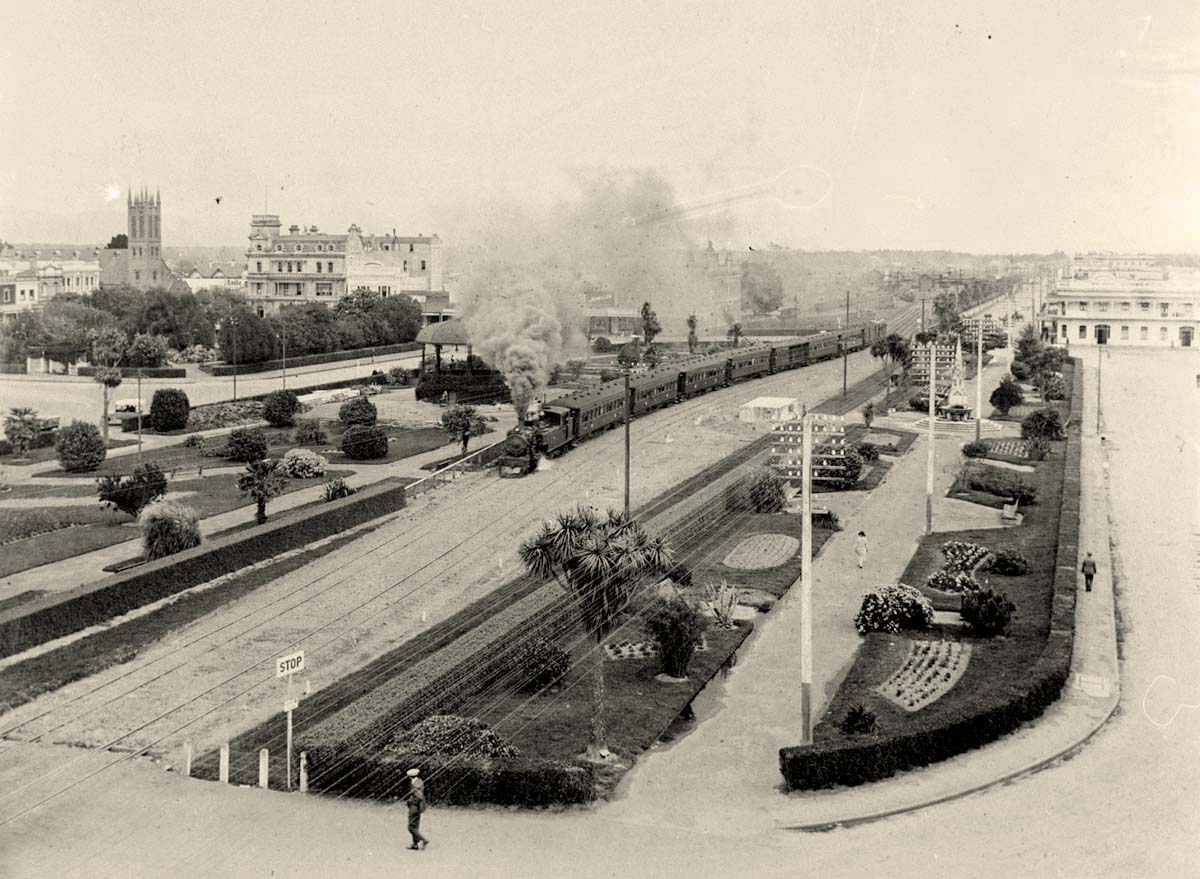 Palmerston North. Panorama of the City and railway with train
