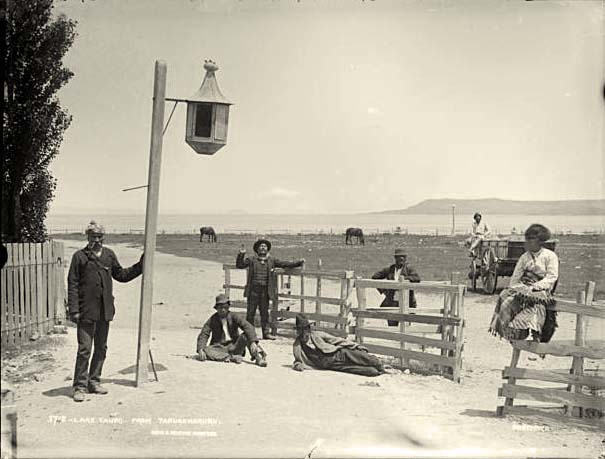 Taupo. Lake Taupo, from Tapuaeharuru, Maori group, 1868-1898